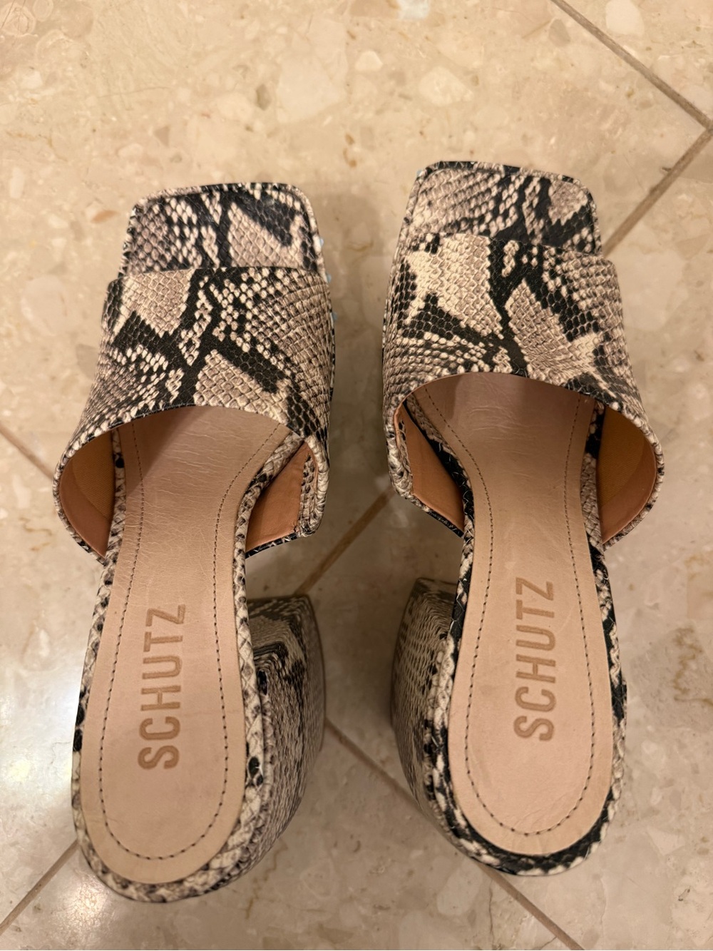 SCHUTZ Snake-Print Square Toe Slide Sandals in Black and Cream
